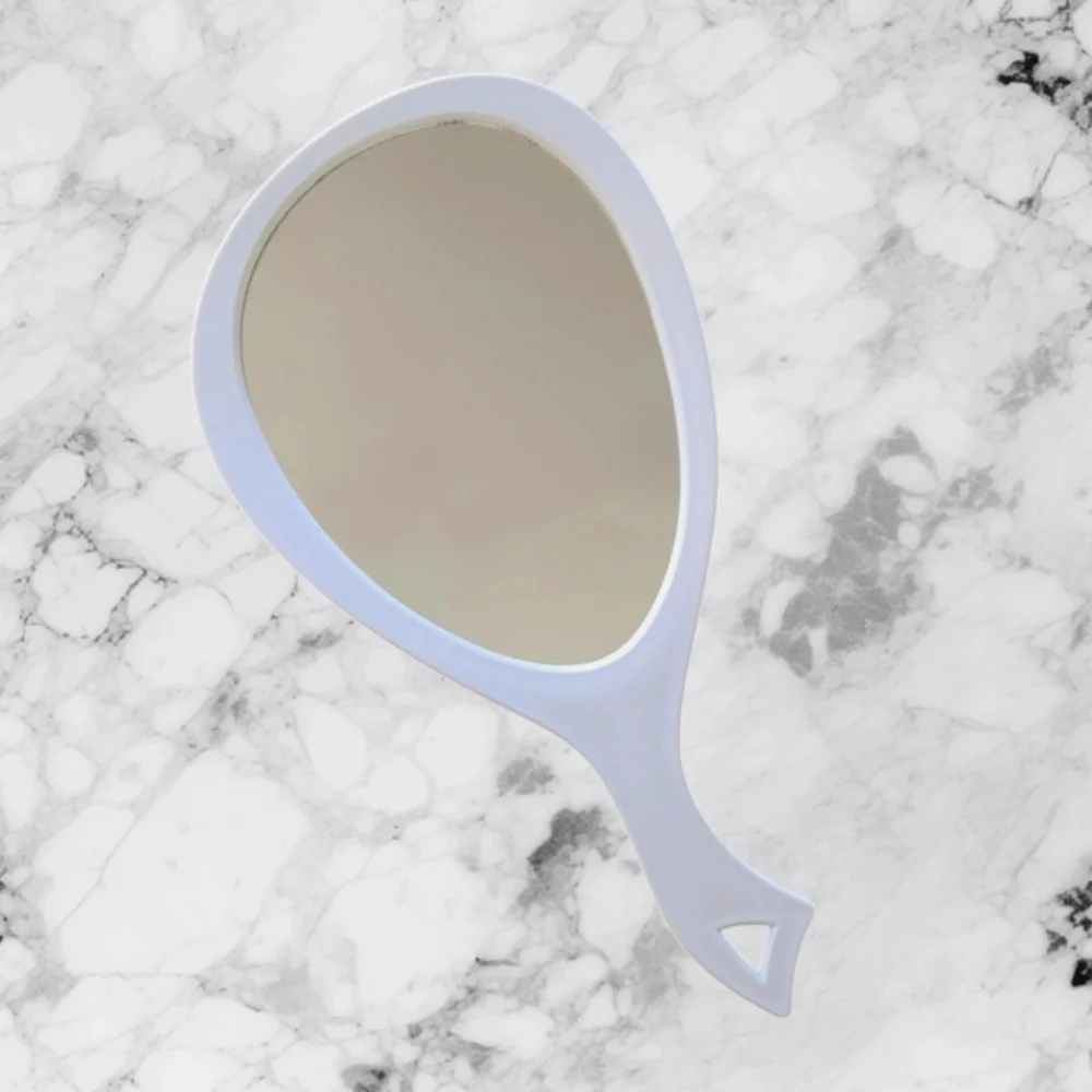 Oversized Vanity Mirror New in Box Contoured Handle White Plastic Frame